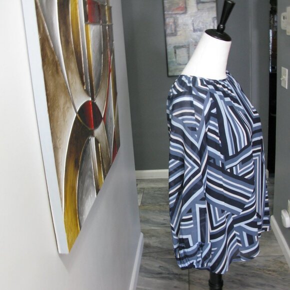 CALVIN Klein Blue/Black Geometric Pattern Sheer Sleeve Blouse Size Medium - Picture 2 of 4